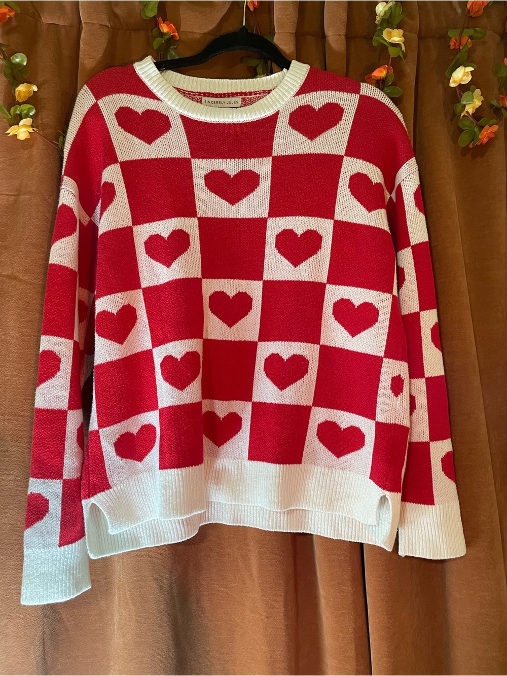 Sincerely Jules Red & White Heart Checker Crewneck Sweater